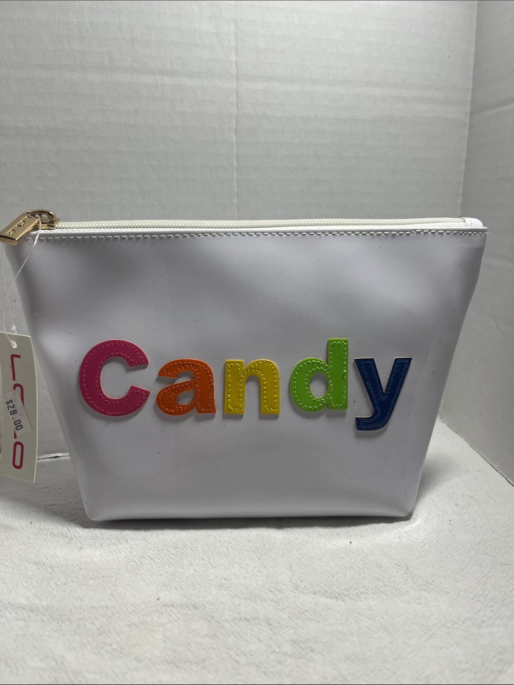 White 'Candy' Cosmetic Pouch with Multicolor Letters